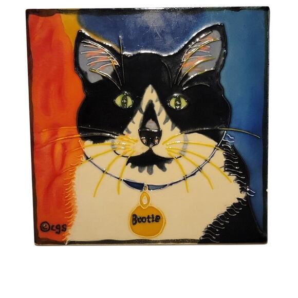 Cat Tile Art Hand-Painted Ceramic Signed Claudia Sanchez Coaster Trivet Decor - Picture 1 of 8